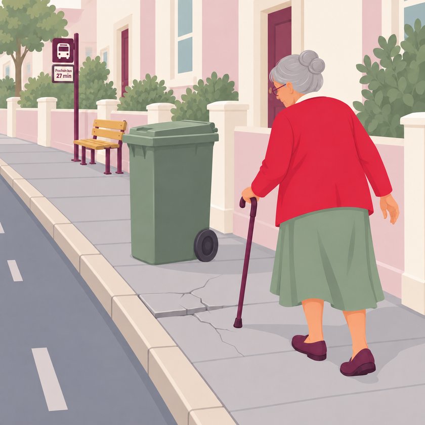 Mireille marche sur un trottoir sans banc pour se reposer
